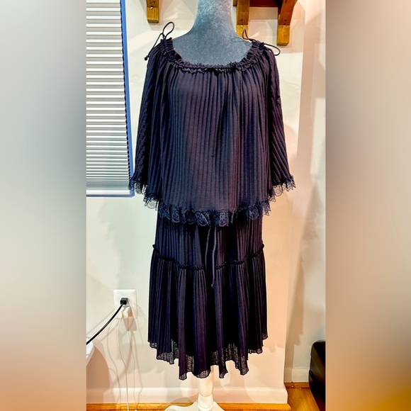 See by Chloe Tiered Plisse Self-Tie Shift Dress Navy Small - Picture 3 of 15